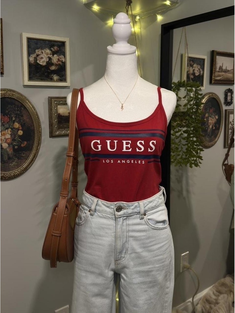 BNWT Red Guess bodysuit with low back and blue stripes